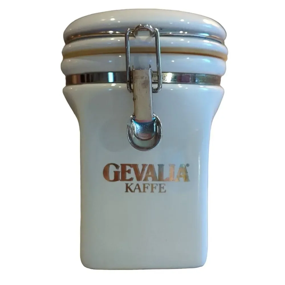 Gevalia Kaffe White & Gold Coffee Tea Ceramic Canister Airtight Hinge Lock 7.5